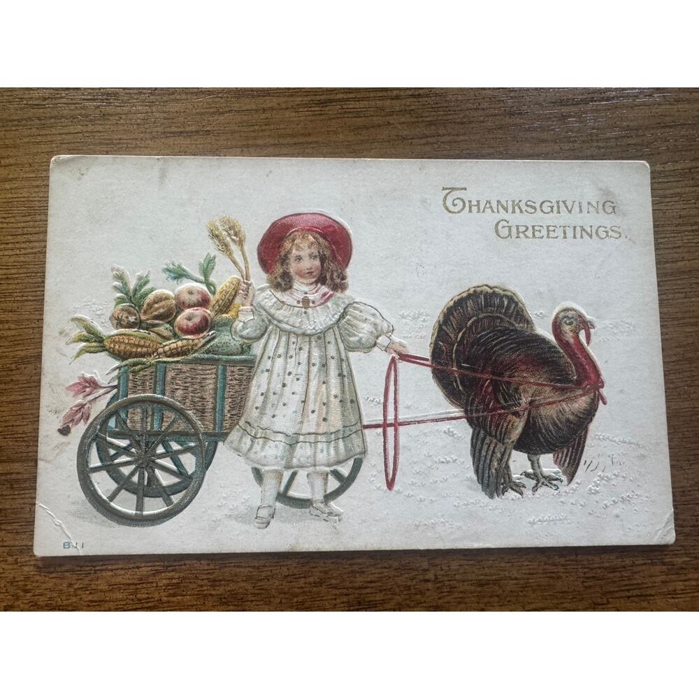 Antique Thanksgiving Postcard Girl Turkey International Art Germany Used